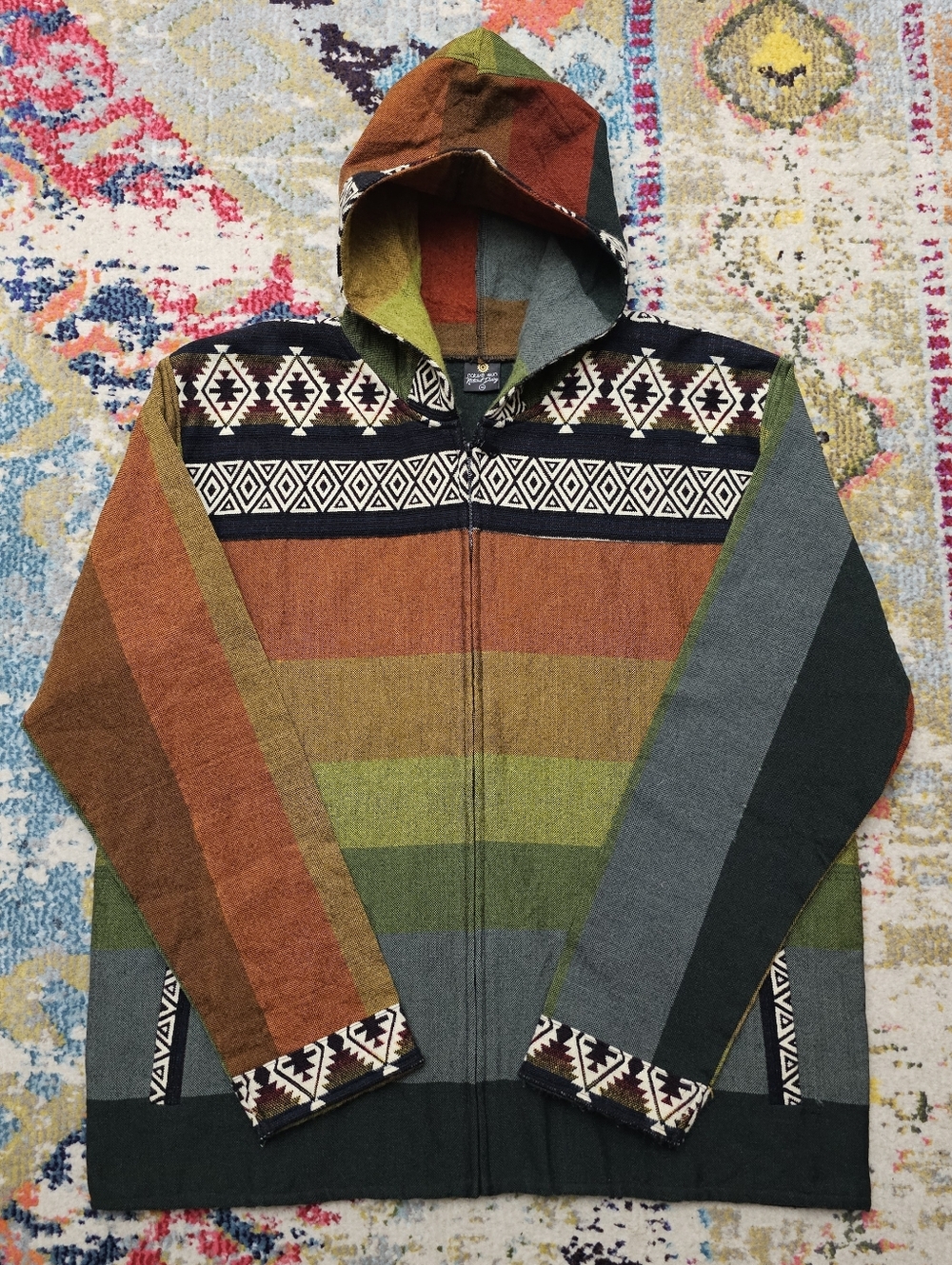 Native Sun Wool-Cotton Mens XL Cuffed Baja Full Zip Hooded Jacket Geometric